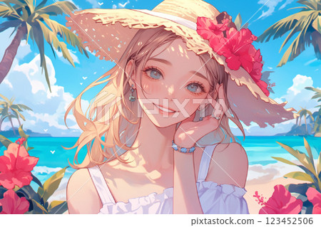 海灘上戴著草帽的美女 海灘上戴著草帽的美女 123452506