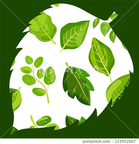Bright green leaf pattern with various shapes and sizes showcased on a light background Bright green leaf pattern with various shapes and sizes showcased on a light background 123452607