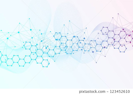 Modern scientific background with hexagons, lines and dots. Wave flow abstract background. Molecular structure for medical, technology, chemistry, science. Vector illustration 123452610