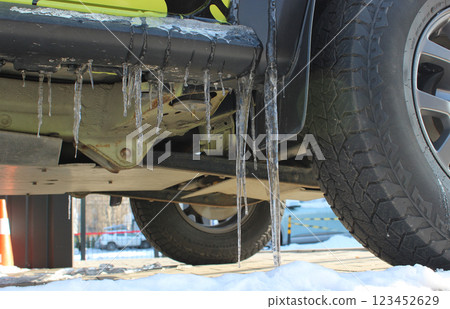 The bottom of a car covered with frozen icicles after parking on a frosty day 123452629