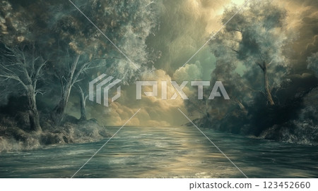 Beautiful river landscape with fog and trees at dawn 123452660