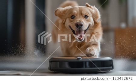 Happy dog runs after a moving vacuum cleaner in a cozy home environment 123452672