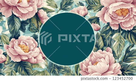 Floral design with peonies and a blank circle for customization 123452700