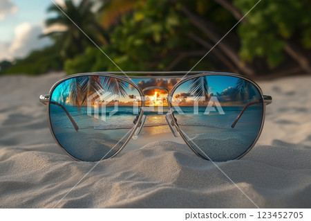 Reflective sunglasses on sandy beach with sunset and palm trees 123452705