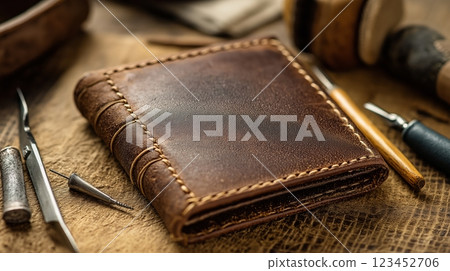 Handcrafted leather wallet on a workbench with tools and materials Handcrafted leather wallet on a workbench with tools and materials 123452706
