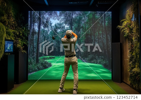 Indoor golf training with virtual reality simulation on a green course 123452714