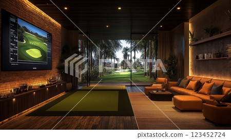 Indoor golf simulator in a luxurious setting with palm trees outside 123452724