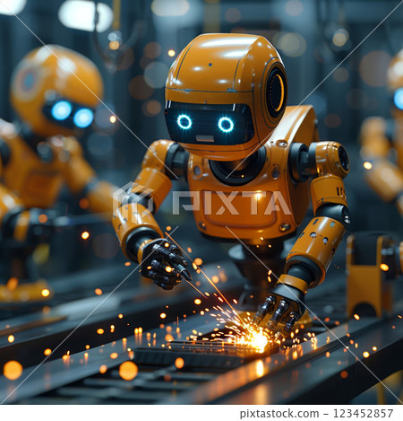 Small robots with bright orange exteriors perform intricate welding tasks creating sparks in a modern factory environment filled with advanced technology and equipment. 123452857