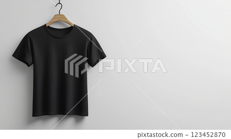 Simple black t-shirt displayed on a wooden hanger against a white wall 123452870