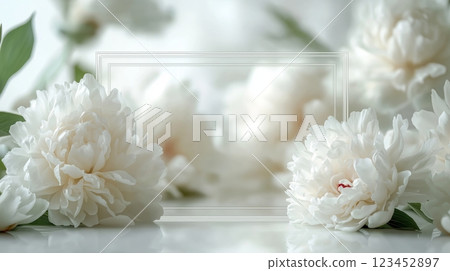 a blurred transparent frame against white peonies on background, space for text. 123452897