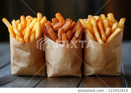 Varieties of crispy fried potatoes served in paper bags on wooden table Varieties of crispy fried potatoes served in paper bags on wooden table 123452914
