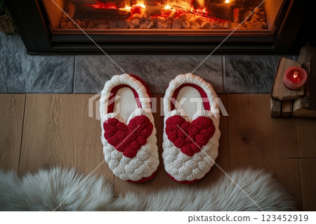 Cozy red and white matching couple slippers on a warm evening 123452919