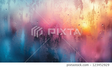 Reflections of a rainy sunset through a misted window at dusk 123452929