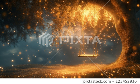 Magical swing under a glowing tree surrounded by floating lights at dusk 123452930