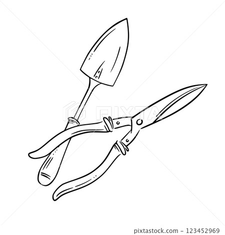 Pruning shears and a garden trowel. Elegant linear vector illustration. Ideal for landscaping, gardening tools, spring planting, and outdoor work. Sign, coloring book and page, card, seasonal Pruning shears and a garden trowel. Elegant linear vector illustration. Ideal for landscaping, gardening tools, spring planting, and outdoor work. Sign, coloring book and page, card, seasonal 123452969