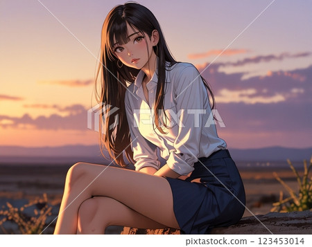 一位女士坐在海灘上的插圖 123453014