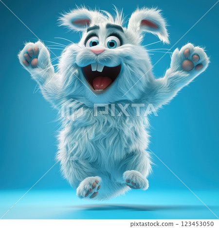 A cheerful cartoon rabbit with fluffy white fur and big expressive eyes is happily jumping in the air. The background is a vibrant blue enhancing the joyful atmosphere. A cheerful cartoon rabbit with fluffy white fur and big expressive eyes is happily jumping in the air. The background is a vibrant blue enhancing the joyful atmosphere. 123453050