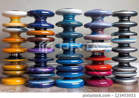 Vibrant dumbbells in various colors are lined up in a fitness area. Each weight features a glossy finish reflecting light and adding energy to the space. This setup invites workout motivation. 123453053
