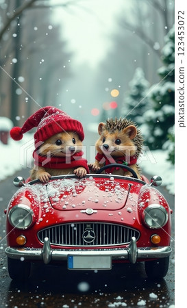 Two adorable hedgehogs wearing festive hats and scarves are joyfully driving a classic red car down a snowy street lined with evergreen trees. It is wintertime creating a magical atmosphere. 123453072