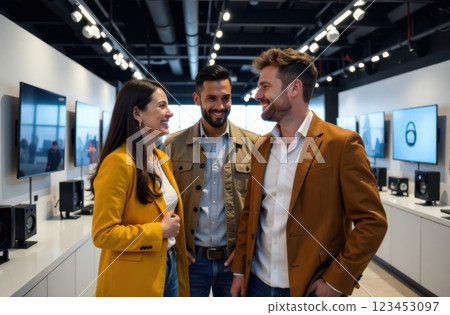 Three friends are engaged in a lively conversation while exploring a modern electronics store filled with audio equipment and displays. Their smiles show a shared enjoyment. 123453097