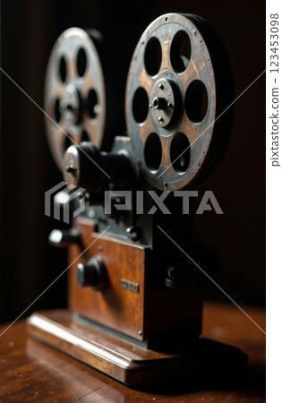 An antique film projector rests on a wooden surface highlighting its vintage design. The reels are prominent features showcasing the art of early filmmaking in a dimly lit environment. 123453098