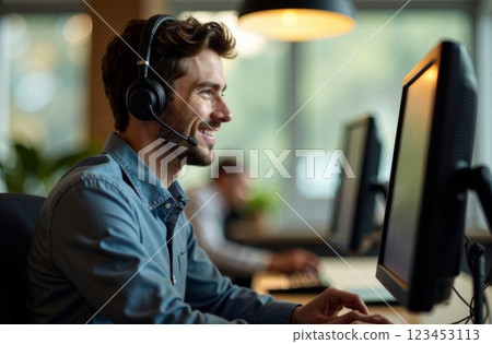 A man with a headset is focused on his computer smiling while interacting with colleagues in a bright contemporary office environment. The atmosphere is friendly and professional. 123453113