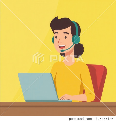 A person with a headset smiles while using a laptop in a bright office space. The cheerful atmosphere reflects a productive working environment ideal for customer support tasks. 123453126