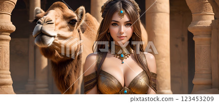 一位美麗的女人和駱駝一起旅行 123453209