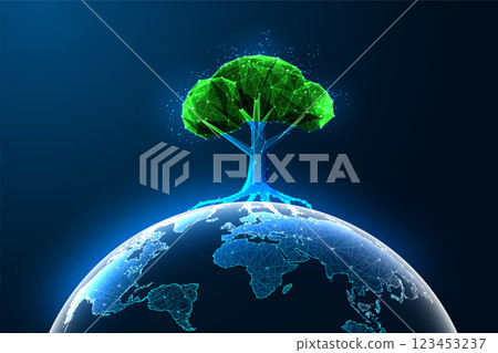Earth Day futuristic concept with glowing polygonal tree growing from Earth on dark blue background 123453237