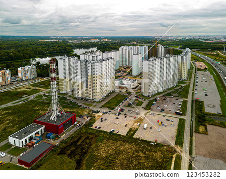Aerial View of an Urban Residential Complex Featuring a Central Heating Station Facility Aerial View of an Urban Residential Complex Featuring a Central Heating Station Facility 123453282
