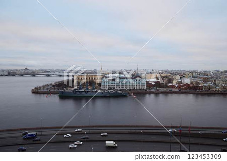 A Breathtaking, Stunning Panoramic View of a City by the River During the Winter Season 123453309