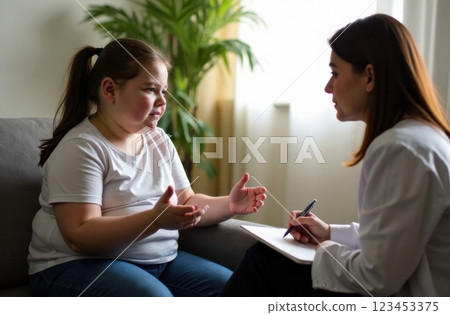 A young girl sits on a couch expressing her thoughts while a professional listens attentively and takes notes. Soft lighting creates a comfortable atmosphere for the conversation. A young girl sits on a couch expressing her thoughts while a professional listens attentively and takes notes. Soft lighting creates a comfortable atmosphere for the conversation. 123453375