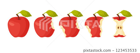 Red juicy bitten apple. Stages of biting ripe apple from whole to half and core Red juicy bitten apple. Stages of biting ripe apple from whole to half and core 123453533