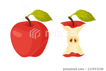 Red juicy bitten apple. Stages of biting ripe apple from whole and core Red juicy bitten apple. Stages of biting ripe apple from whole and core 123453540