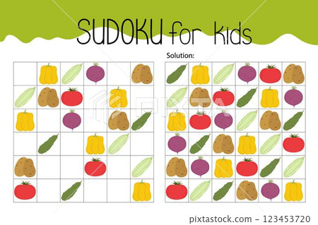 Vegetables sudoku educational game or leisure activity worksheet hand drawn illustration, printable grid to fill in missing images, food topical vocabulary, puzzle with solution, teacher resources 123453720