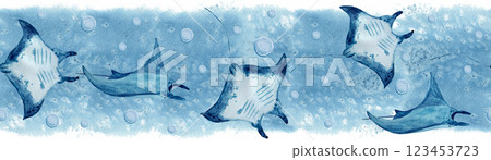 Manta ray wave watercolor seamless pattern isolated on white. High quality hand-drawn monochromatic illustration for notebooks, posters, wallpaper, textile, beach towel, wrapping paper and room decor Manta ray wave watercolor seamless pattern isolated on white. High quality hand-drawn monochromatic illustration for notebooks, posters, wallpaper, textile, beach towel, wrapping paper and room decor 123453723