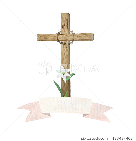 Wooden cross, crown of thorns and lily with empty banner watercolor composition isolated on white. Template perfect for Easter, Passover, Holy Thursday, christening baptism, wedding cards decor design 123454403