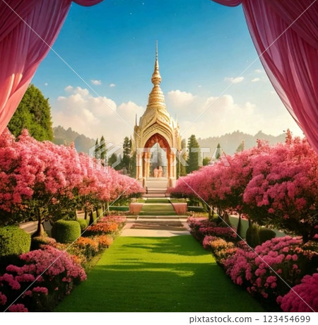 被粉紅色花朵環繞的花園 123454699