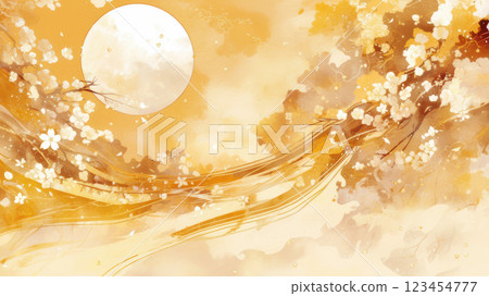 Beautiful landscape with a full moon and a golden background 123454777