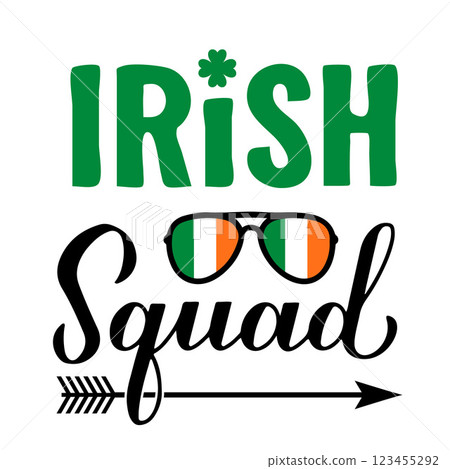 Irish squad calligraphy hand lettering. Funny St. Patricks day quote typography poster. Vector template for greeting card, banner, sticker, flyer, shirt, etc. 123455292