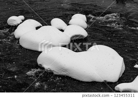Snow-covered river Snow caps on stones d-3 monochrome 123455311
