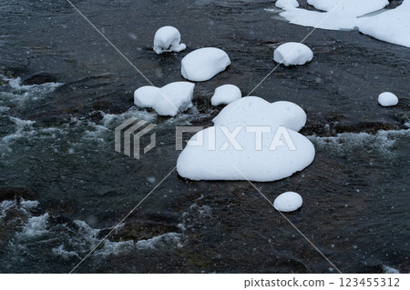 Snow-covered river Snow caps on stones e-1 123455312