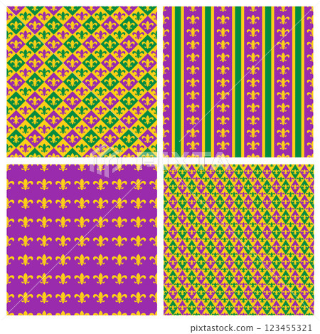 Mardi Gras seamless patterns.  Set of 4 carnival or masquerade backgrounds.  Vector template. Mardi Gras seamless patterns.  Set of 4 carnival or masquerade backgrounds.  Vector template. 123455321
