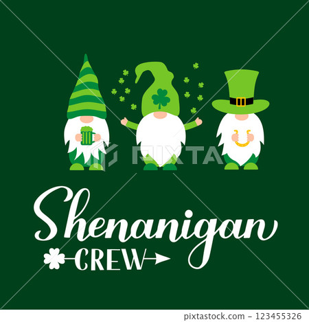 Shenanigan crew calligraphy hand lettering. Cute cartoon Gnomes. Funny St. Patricks Day quote.. Vector template for greeting card, poster, banner, flyer, etc. Shenanigan crew calligraphy hand lettering. Cute cartoon Gnomes. Funny St. Patricks Day quote.. Vector template for greeting card, poster, banner, flyer, etc. 123455326