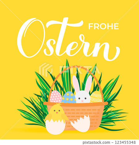Happy Easter calligraphy lettering in German language. Basket of eggs, bunny and cute cartoon chicken. Easter celebration greeting card. Vector illustration. 123455348