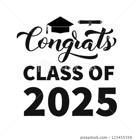 Congrats Class of 2025 calligraphy lettering with graduation cap isolated on white. Congratulations to graduates typography poster. Vector template for greeting card, banner, sticker, etc. Congrats Class of 2025 calligraphy lettering with graduation cap isolated on white. Congratulations to graduates typography poster. Vector template for greeting card, banner, sticker, etc. 123455358
