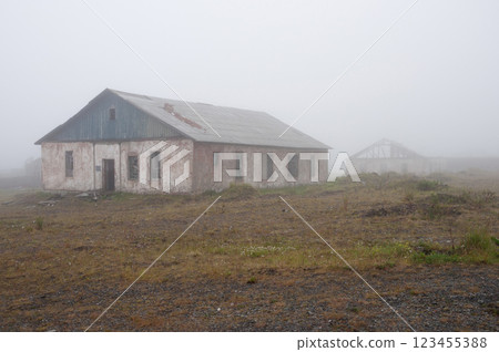 Abandoned destroyed old buildings, heavy fog 123455388