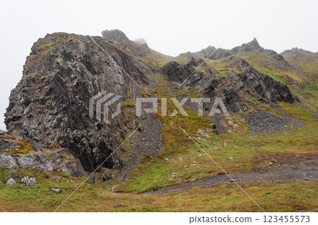 Rocky mountain, tundra summer landscape, foggy morning 123455573