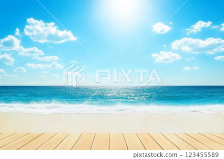 Beautiful beach with white sand in sunny summer day. Turquoise ocean water and blue sky with clouds . Natural background for summer vacation, soft focus, space for text 123455589