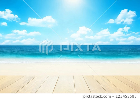 Beautiful beach with white sand in sunny summer day. Turquoise ocean water and blue sky with clouds . Natural background for summer vacation, soft focus, space for text 123455595